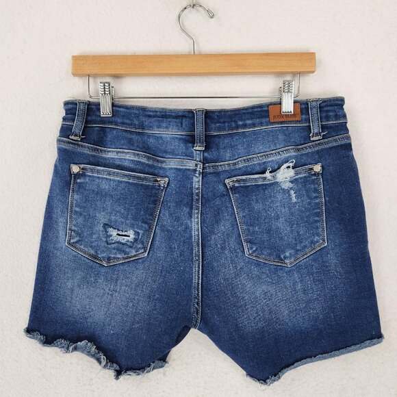 Judy Blue Shorts Womens Large Blue Distressed Denim Cutoff Raw Hem Mid Rise - Picture 9 of 12